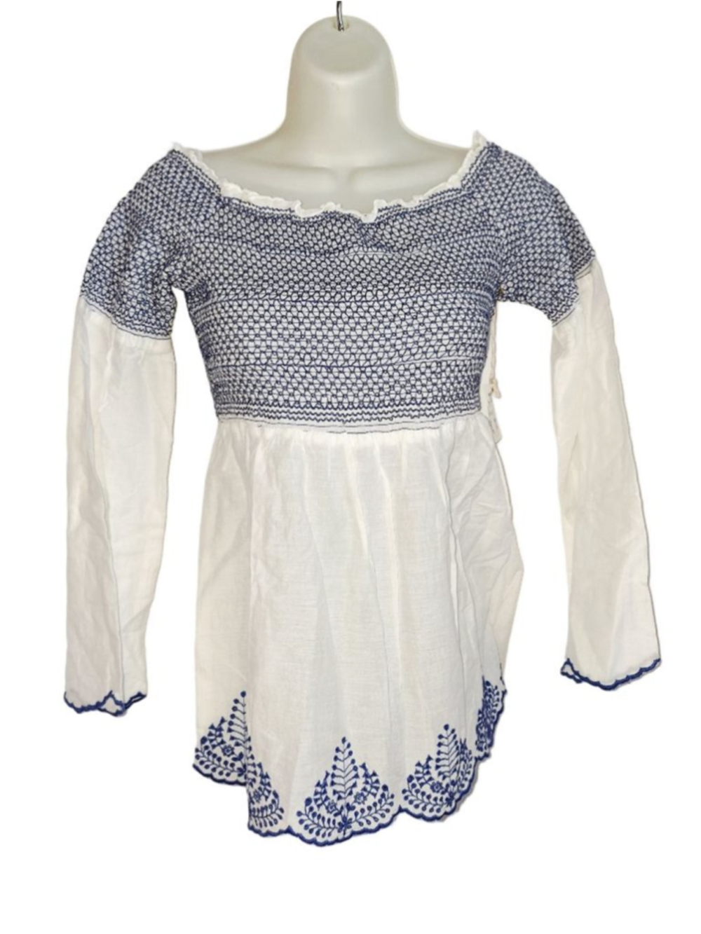 POOF New York Tunic Top L White Blue Embroidered milkmaid boho